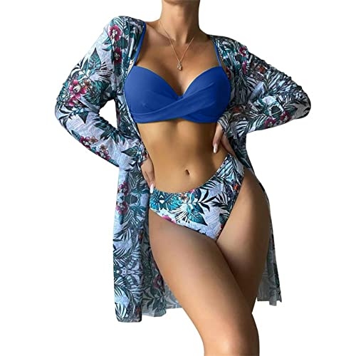 Litthing Damen Bikini Set mit Schalbluse, Push up Verstellbar Crossover Ties-up Neckholder Bikinioberteil Gedruckt High Waist Bikini Bademode Bauchweg Swimsuit, Blau 2 von Litthing