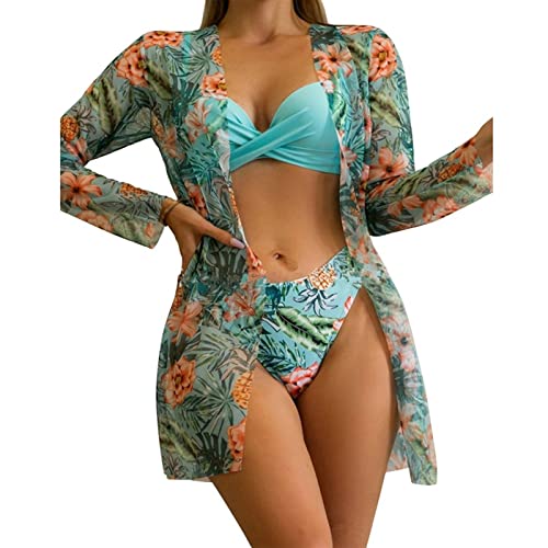 Litthing Damen Bikini Set mit Schalbluse, Push up Verstellbar Crossover Ties-up Neckholder Bikinioberteil Gedruckt High Waist Bikini Bademode Bauchweg Swimsuit, Blau 3 von Litthing