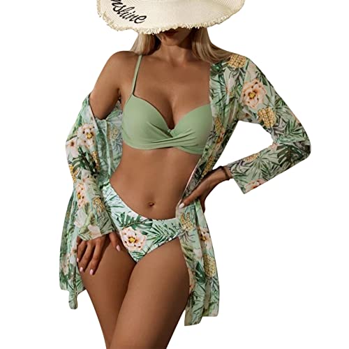 Litthing Damen Bikini Set mit Schalbluse, Push up Verstellbar Crossover Ties-up Neckholder Bikinioberteil Gedruckt High Waist Bikini Bademode Bauchweg Swimsuit, Grün von Litthing