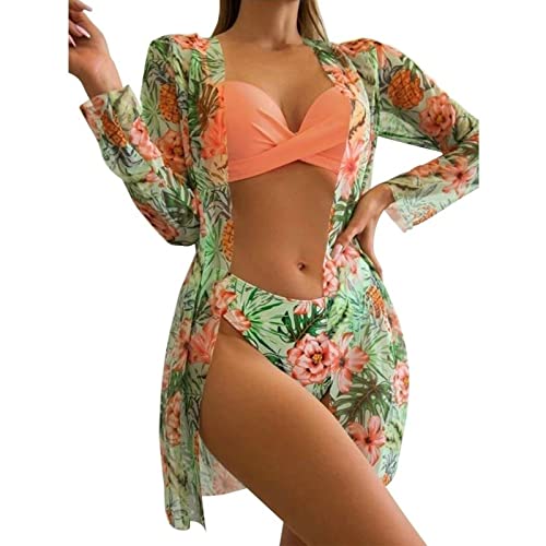 Litthing Damen Bikini Set mit Schalbluse, Push up Verstellbar Crossover Ties-up Neckholder Bikinioberteil Gedruckt High Waist Bikini Bademode Bauchweg Swimsuit, Orange von Litthing