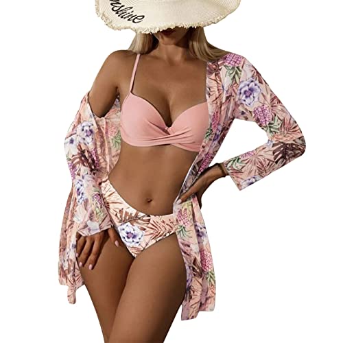 Litthing Damen Bikini Set mit Schalbluse, Push up Verstellbar Crossover Ties-up Neckholder Bikinioberteil Gedruckt High Waist Bikini Bademode Bauchweg Swimsuit, Rosa von Litthing