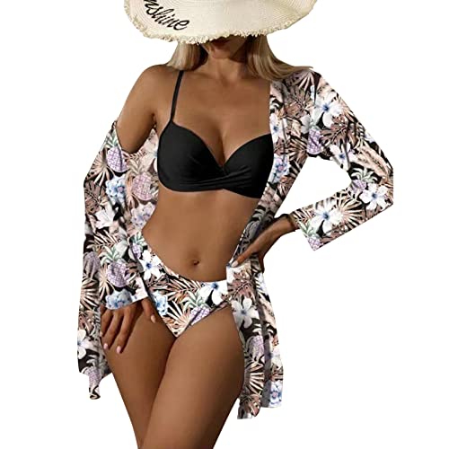 Litthing Damen Bikini Set mit Schalbluse, Push up Verstellbar Crossover Ties-up Neckholder Bikinioberteil Gedruckt High Waist Bikini Bademode Bauchweg Swimsuit von Litthing