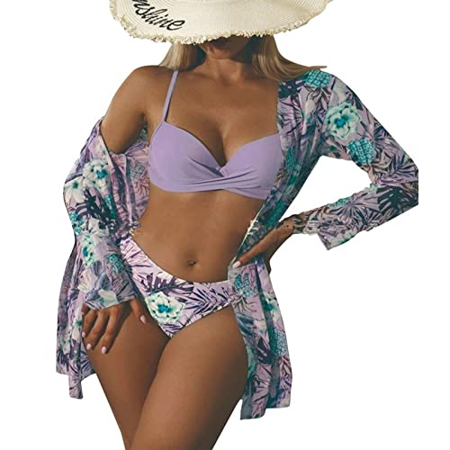 Litthing Damen Bikini Set mit Schalbluse, Push up Verstellbar Crossover Ties-up Neckholder Bikinioberteil Gedruckt High Waist Bikini Bademode Bauchweg Swimsuit, Violett 1 von Litthing