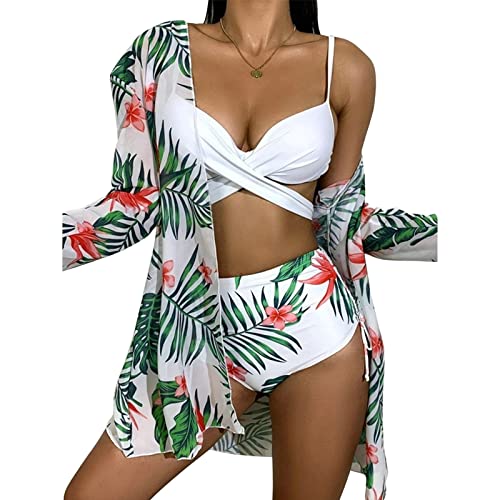 Litthing Damen Bikini Set mit Schalbluse, Push up Verstellbar Crossover Ties-up Neckholder Bikinioberteil Gedruckt High Waist Bikini Bademode Bauchweg Swimsuit, Weiß & Blume von Litthing