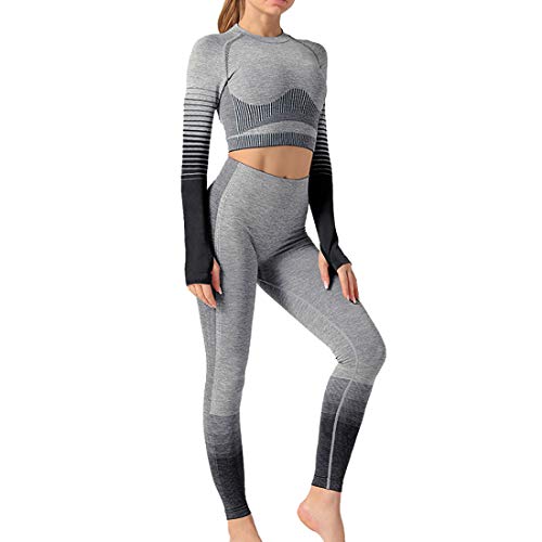 Litthing Damen Fitness Kleidung 2er-Set Gradient Trainingsanzug Nahtloses Yoga Suit Shirt Lange Ärmel Hosen Leggings Hoher Taille Gym Joggen Sportanzüge von Litthing