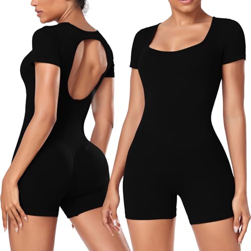 Litthing Damen Kurz Eng Ärmellose Yoga Sexy Jumpsuit Sommer Bodycon Bodysuit Stretch Sport Romper Tank Top Workout Eckigem Ausschnitt Gerippte Overall Workout Einteiliger von Litthing