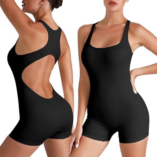 Litthing Damen Kurz Eng Ärmellose Yoga Sexy Jumpsuit Sommer Bodycon Bodysuit Stretch Sport Romper Tank Top Workout Eckigem Ausschnitt Gerippte Overall Workout Einteiliger von Litthing