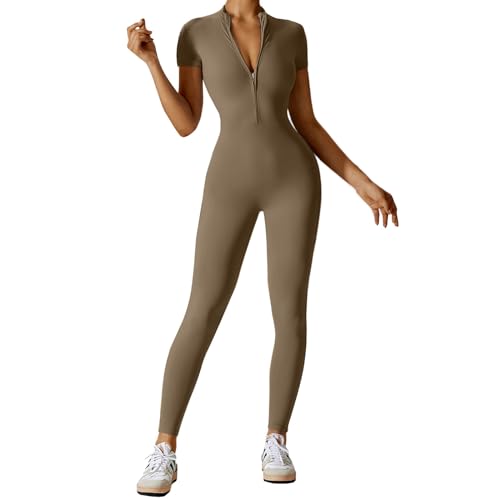 Litthing Damen Sport Jumpsuit Eng mit V-Ausschnitt Reißverschluss Yoga Overall Body Outfits Playsuit Bodycon Kurze Ärmel Strampler Sportanzug Fitness Slim Jogginganzug von Litthing
