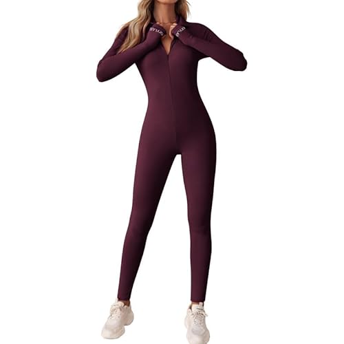 Litthing Damen Sport Jumpsuit Eng mit V-Ausschnitt Reißverschluss Yoga Overall Body Outfits Playsuit Langarm Bodycon Strampler Sportanzug Fitness Slim Jogginganzug von Litthing