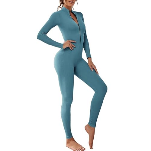 Litthing Damen Sport Jumpsuit Eng mit V-Ausschnitt Reißverschluss Yoga Overall Body Outfits Playsuit Langarm Bodycon Strampler Sportanzug Fitness Slim Jogginganzug von Litthing