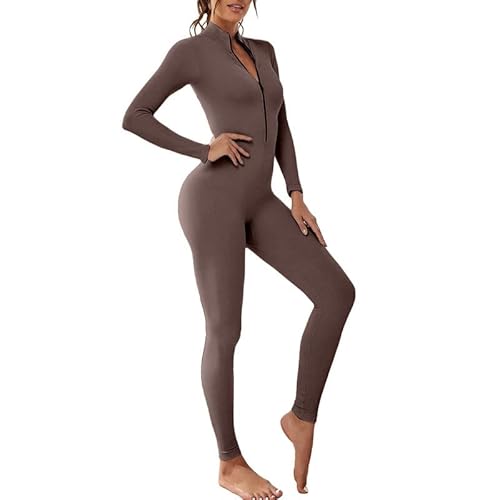 Litthing Damen Sport Jumpsuit Eng mit V-Ausschnitt Reißverschluss Yoga Overall Body Outfits Playsuit Langarm Bodycon Strampler Sportanzug Fitness Slim Jogginganzug von Litthing