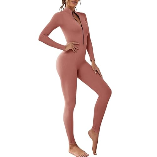 Litthing Damen Sport Jumpsuit Eng mit V-Ausschnitt Reißverschluss Yoga Overall Body Outfits Playsuit Langarm Bodycon Strampler Sportanzug Fitness Slim Jogginganzug von Litthing