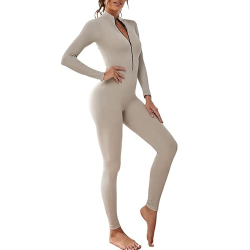 Litthing Damen Sport Jumpsuit Eng mit V-Ausschnitt Reißverschluss Yoga Overall Body Outfits Playsuit Langarm Bodycon Strampler Sportanzug Fitness Slim Jogginganzug von Litthing