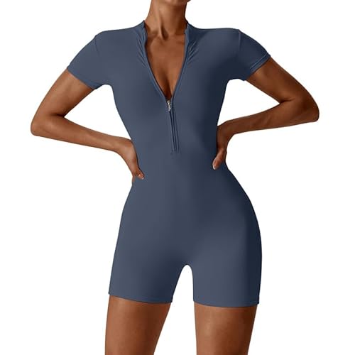 Litthing Damen Sport Jumpsuit Kurz Yoga Playsuit Eng mit V-Ausschnitt Reißverschluss Overall Body Outfits Bodycon Kurze Ärmel Stretch Jogging Strampler von Litthing