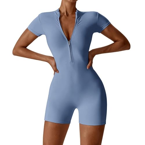 Litthing Damen Sport Jumpsuit Kurz Yoga Playsuit Eng mit V-Ausschnitt Reißverschluss Overall Body Outfits Bodycon Kurze Ärmel Stretch Jogging Strampler von Litthing