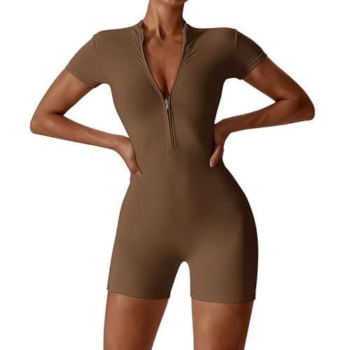 Litthing Damen Sport Jumpsuit Kurz Yoga Playsuit Eng mit V-Ausschnitt Reißverschluss Overall Body Outfits Bodycon Kurze Ärmel Stretch Jogging Strampler von Litthing