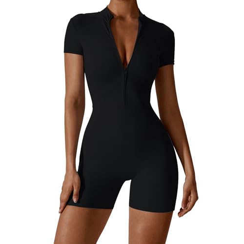 Litthing Damen Sport Jumpsuit Kurz Yoga Playsuit Eng mit V-Ausschnitt Reißverschluss Overall Body Outfits Bodycon Kurze Ärmel Stretch Jogging Strampler von Litthing