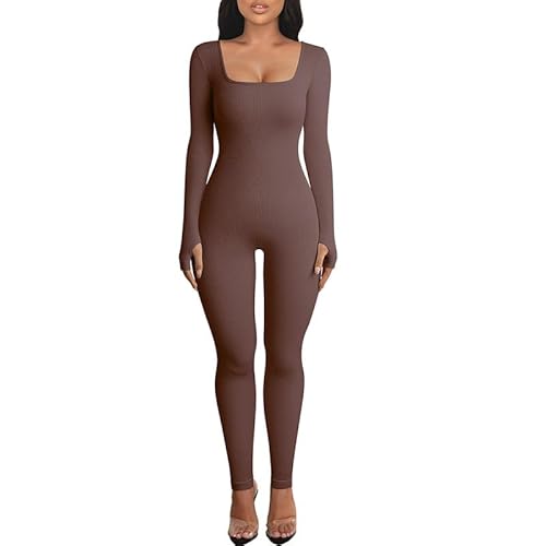 Litthing Damen Sport Jumpsuit Sexy Langarm Quadratischer Yoga Jumpsuit Strampler Gerippt Gestrickt Sportanzug Eng Workout Einteiler Bodycon Slim Jogginganzug von Litthing