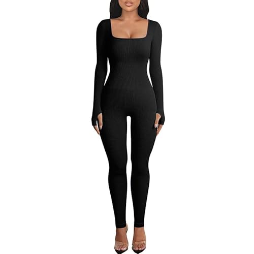 Litthing Damen Sport Jumpsuit Sexy Langarm Quadratischer Yoga Jumpsuit Strampler Gerippt Gestrickt Sportanzug Eng Workout Einteiler Bodycon Slim Jogginganzug von Litthing