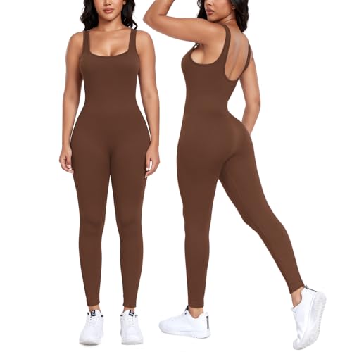 Litthing Damen Sport Jumpsuit Yoga Sexy Bodycon Lang Eng Armellos Bodysuit Stretch Trainingsanzug Sportanzug Eckigem Ausschnitt Gerippte Overall Workout Einteiliger von Litthing