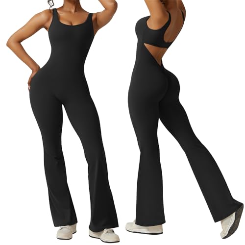 Litthing Flare Jumpsuits Für Damen Rückenfrei Weites Bein ärmellos Offener Rücken Eckiger Ausschnitt Ganzanzug Workout-Einteiler Ausgestellter Gym-Workout-Overall von Litthing