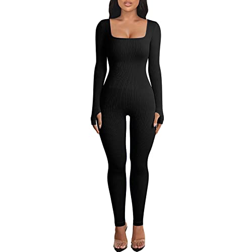 Litthing Frauen Yoga Jumpsuits Rippstrick Langarm Quadratischer Ausschnitt Figurbetonter Jumpsuit Damen Trainingsoutfits Einteiliger Sportanzug Sportbekleidung (S, Schwarz) von Litthing