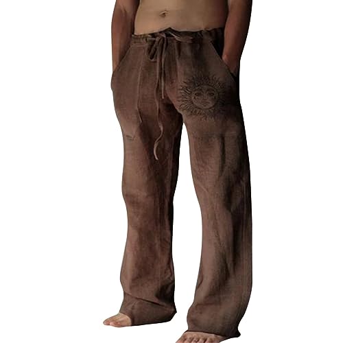 Litthing Herren Leinenhosen Leicht Sommerhose Lange Casual Langer Hosen Freizeithosen mit weitem Bein elastischer Taille mit praktischen Taschen von Litthing