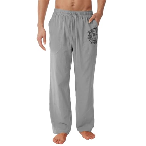 Litthing Herren Leinenhosen Leicht Sommerhose Lange Casual Langer Hosen Freizeithosen mit weitem Bein elastischer Taille mit praktischen Taschen, Grau, XL von Litthing