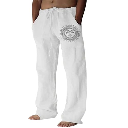 Litthing Herren Leinenhosen Leicht Sommerhose Lange Casual Langer Hosen Freizeithosen mit weitem Bein elastischer Taille mit praktischen Taschen von Litthing