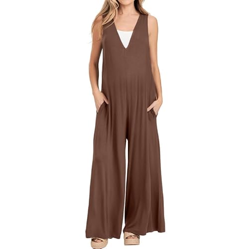 Litthing Jumpsuit Damen Sommer Ärmellos Playsuit V-Ausschnitt Latzhose Overall Lang Hose Weites Bein Luftig Zeigen Pure Eleganz von Litthing