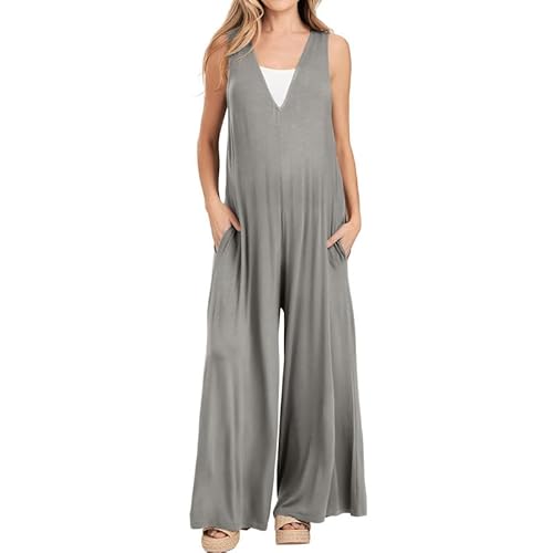 Litthing Jumpsuit Damen Sommer Ärmeloses Playsuit V-Ausschnitt Latzhose Damen Sommer Overall Lang Hose Weites Bein Luftig Jumpsuit Damen Zeigen Pure Eleganz. von Litthing