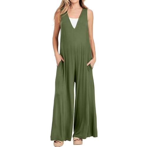 Litthing Jumpsuit Damen Sommer Ärmellos Playsuit V-Ausschnitt Latzhose Overall Lang Hose Weites Bein Luftig Zeigen Pure Eleganz von Litthing