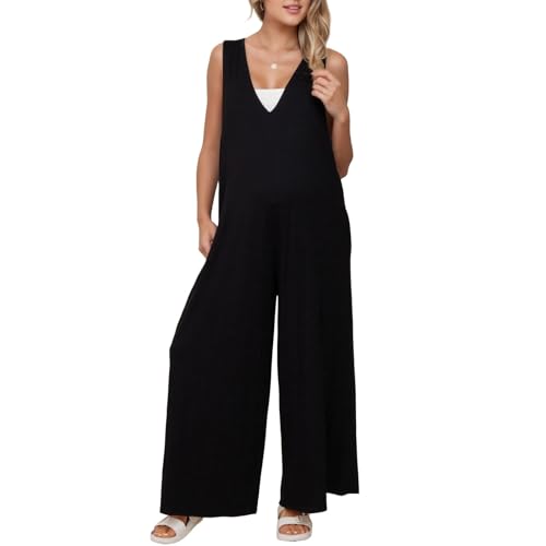 Litthing Sommer Jumpsuit Damen Playsuit V-Ausschnitt Latzhose Overall Lang Hose Weites Bein Luftig Eleganz von Litthing