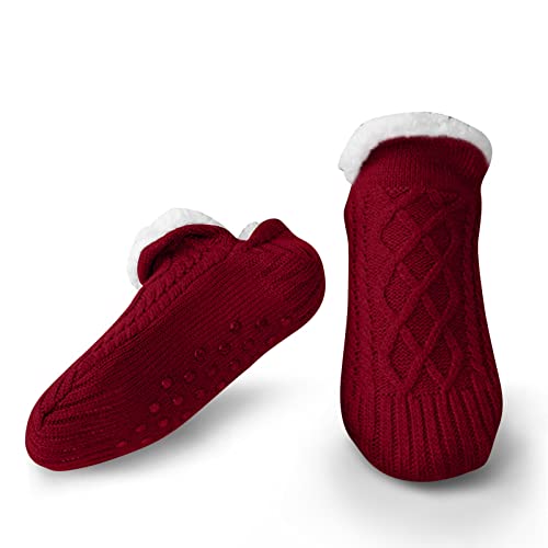 Litthing Kuschelsocken Strick Bodensocken Warme Wintersocken, Bestickte Stoppersocken Rutschsichere Hausschuhe Dicke Socken Gestrickte Bettsocken Haushalt Socken Weihnachtssocken (35-39, Rot) von Litthing