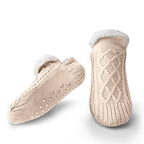 Litthing Kuschelsocken Strick Bodensocken Warme Wintersocken, Bestickte Stoppersocken Rutschsichere Hausschuhe Dicke Socken Gestrickte Bettsocken Haushalt Socken Weihnachtssocken (40-42, Beige) von Litthing