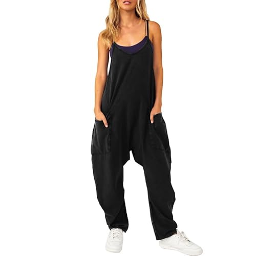 Litthing Latzhose Damen Wide Leg Jumpsuit With Pockets Übergroßer Lockerer Reißverschluss Lässiger Overall Dünne Träger Große Hose Mit Großen Taschen Haremshose Baggy Soft Comfort Romper Playsuit von Litthing