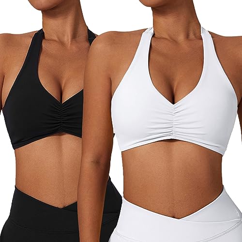 Litthing Neckholder Sport BH Damen Rückenfrei Tiefer V Ausschinitt Sexy Push Up BH ohne Bügel Gepolstert Elegant Geraffte Sport Bra elastisch Träger Gym BH Workout Fitness von Litthing