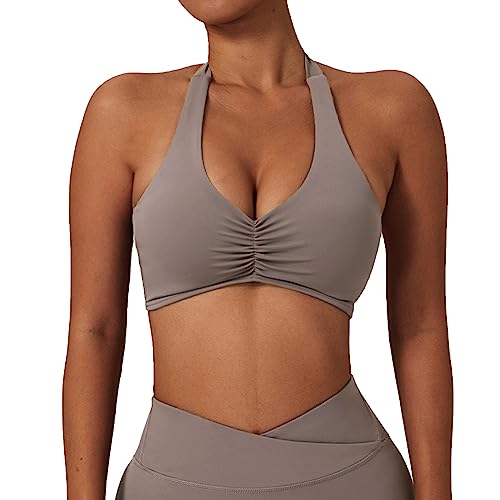 Litthing Neckholder Sport BH Damen Rückenfrei Tiefer V Ausschinitt Sexy Push Up BH ohne Bügel Gepolstert Elegant Geraffte Sport Bra elastisch Träger Gym BH Workout Fitness von Litthing