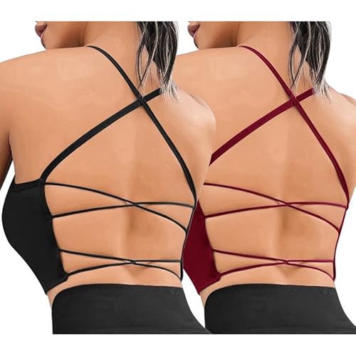 Litthing Sport BH Damen, Cross Back Gepolstert Sports Bra, Push up Ohne Bügel Bustier Sexy Spaghettiträger Rückenfrei Crop Top für Yoga Fitness Gym von Litthing