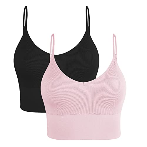 Litthing Sportbekleidung Sport BH Damen Gepolstert Bustier Damen BH ohne Buegel Spaghettiträger Push up BH Leicht BH Sport Bra Top für Yoga Fitness Workout Laufshirt (Schwarz + Pink, L) von Litthing