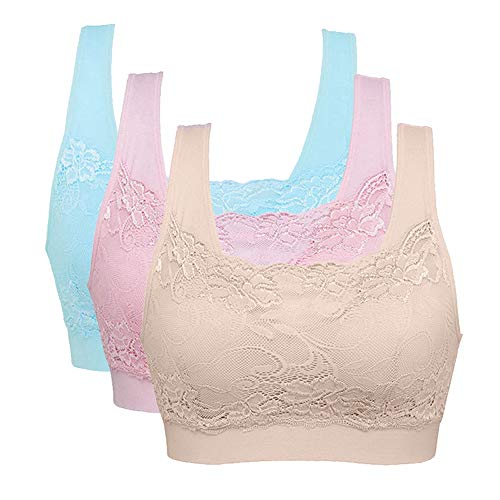 Litthing Underwear Damen Sport BH Spitze Büstenhalter 1/2/3er Pack Atmungsaktiver Bequem für Yoga Fitness-Training (Hautfarbe+Blau+Rosa, M) von Litthing