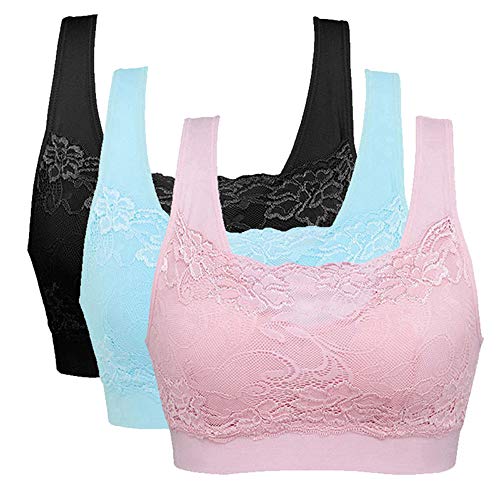 Litthing Underwear Damen Sport BH Spitze Büstenhalter 1/2/3er Pack Atmungsaktiver Bequem für Yoga Fitness-Training (Schwarz+Blau+Rosa, L) von Litthing