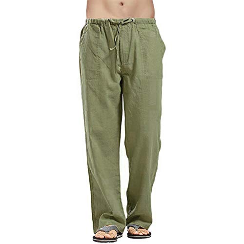 Men Casual Strandhosen Leinen Hose Herren Cargohose Leinenhose Männer Herren-Hose Lockere Sommer Stoffhose Freizeithose (Grün, L) von Litthing