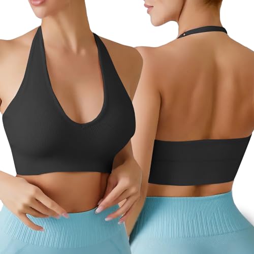 Sport BH Damen Sexy Neckholder Rückenfrei Tiefer V Ausschinitt Backless Sport BH ohne Bügel Gepolstert Push Up Bra Seamless Verstellbare Träger Mid Impact Support Fitness Yoga von Litthing