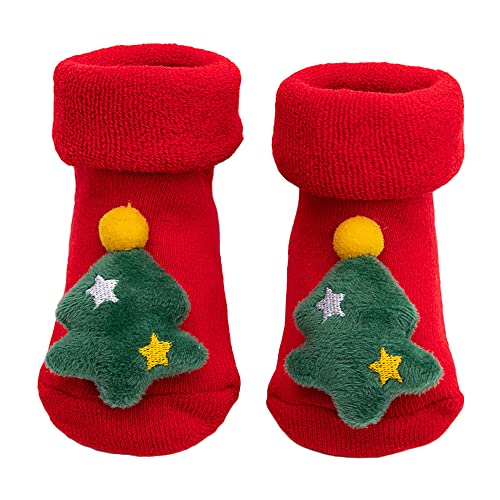 Weihnachtssocken Baby Rutschfeste Baumwoll-Bodensocken mit niedlichen 3D Weihnachtszeichentrickelementen Dehnbare Socken für Baby Kleinkind Kinder (as3, age, 12_months, Weihnachtsbaum, 12 Monate) von Litthing