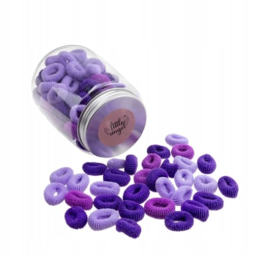 100 Frottee Haargummis Kinder & Damen – Weiche Zopfgummis ohne Metall – Bunte Haargummis in Plastikdose – Schonend, elastisch & farbenfroh – Haaraccessoires im Set, Haarschmuck (Lila) von Little Angel