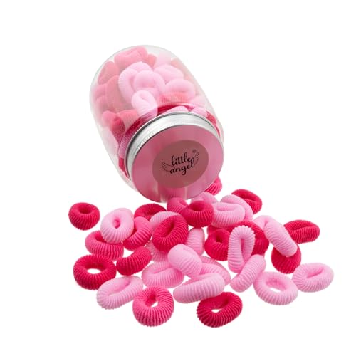 100 Frottee Haargummis Kinder & Damen – Weiche Zopfgummis ohne Metall – Bunte Haargummis in Plastikdose – Schonend, elastisch & farbenfroh – Haaraccessoires im Set, Haarschmuck (Rosa) von Little Angel