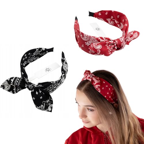 2er Set Bandana Haarreifen Damen – Retro Haarband im Rockabilly Stil – Schwarz & Rot – Stirnband mit Knoten – Breites Kopfband für Alltag, Festival, Vintage Look von Little Angel