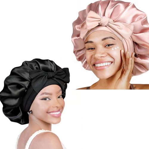 2er Set Satin Schlafmütze Damen – Haar Bonnet mit Schleife – Seidenmütze gegen Frizz, Spliss & Haarbruch – Nachthaube für Locken, Afro, Glattes Haar – Atmungsaktiv & Stylisch – Schwarz & Rosé von Little Angel