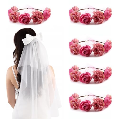 5er Set Blumenkranz mit Schleier – JGA Haarschmuck für die Braut & Team Braut – Junggesellinnenabschied Accessoires – Brautschleier mit Blumenkrone – Boho Haarreif für Party & Hochzeit von Little Angel